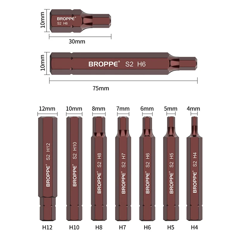 Embout de tournevis hexagonal magnétique à tige hexagonale, embouts de tournevis Allen, outils en acier ltSteel H4, 5, 6, 7, 8, 10/12, longueur de 30mm, 75mm, 10mm