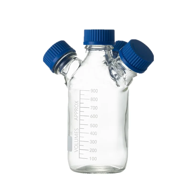 Two, three, and four-port mobile phase liquid bottles, blue cap reagent bottles, brown spectral phase solvent bottles