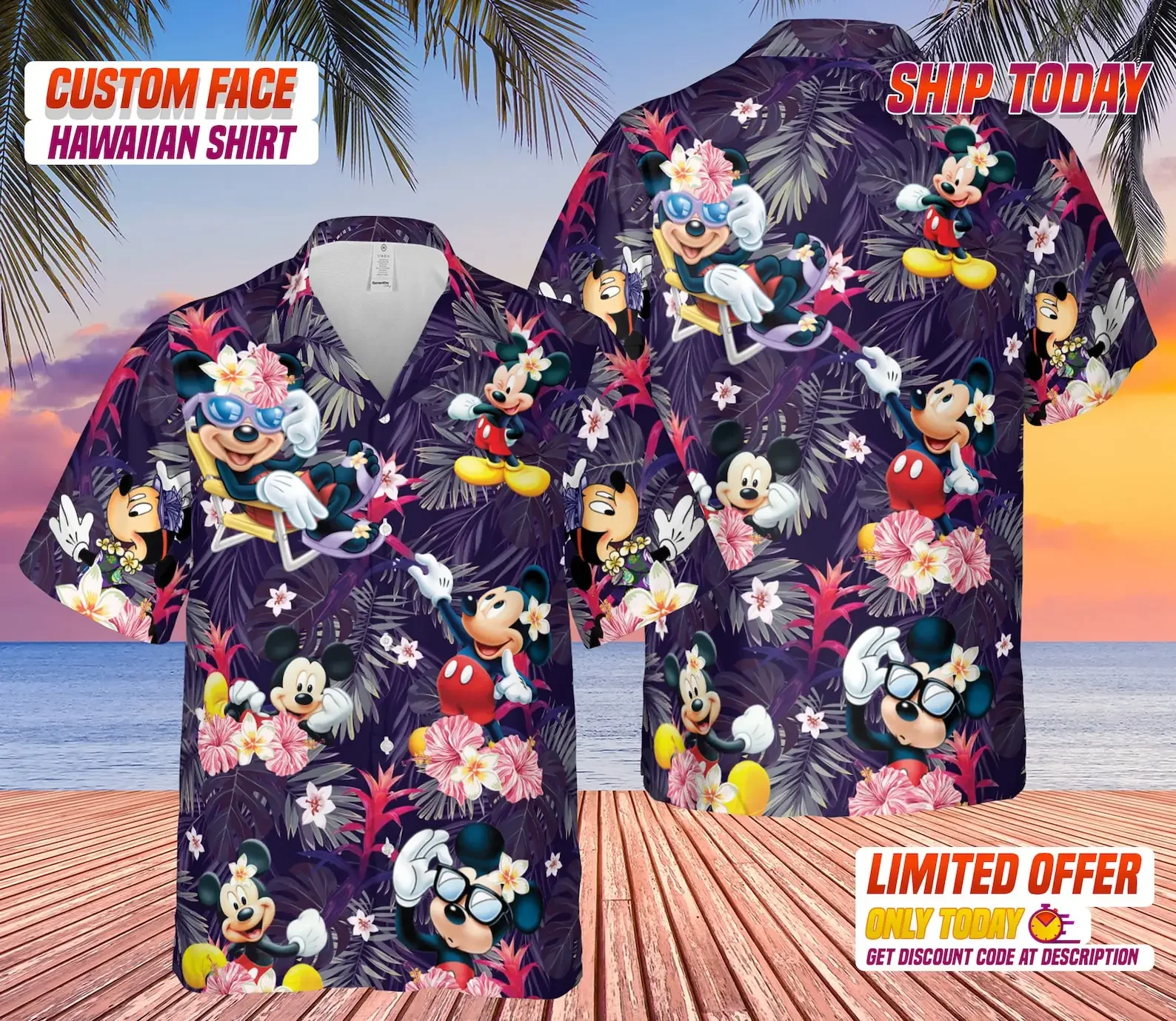 2023 New Mickey Mouse Hawaiian Shirt Fashion Men Button Up Shirt Disney Tropical Floral Hawaiian Shirt Breathable Beach Shirt