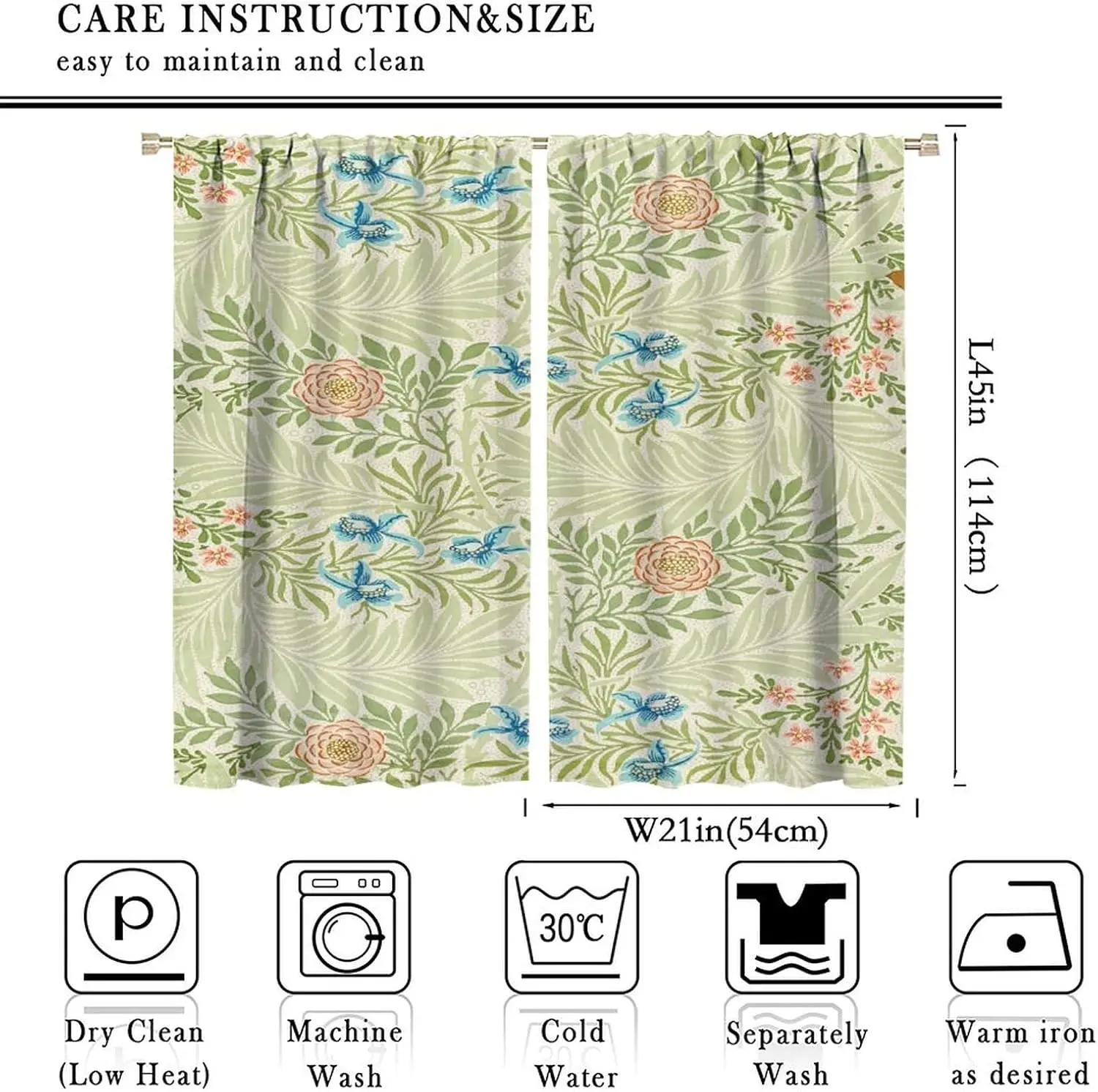 Retro Botanical Blue Flower Palm Leaf Blackout Rod Pocket Curtain Light Sage Base Decor Soft Homestay Bedroom Rest Bay Window