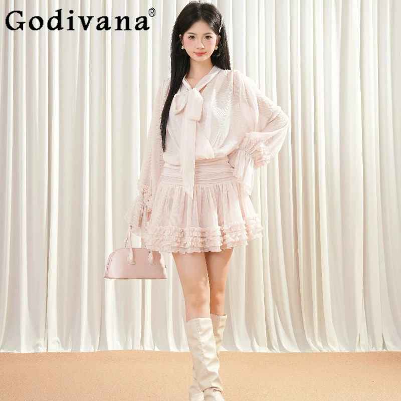 

French Style Gentle Pink Bow Tie Dress for Women Autumn New Ruffled Flower Bud Short Dress Female Japanese Lolita Sweet Dress