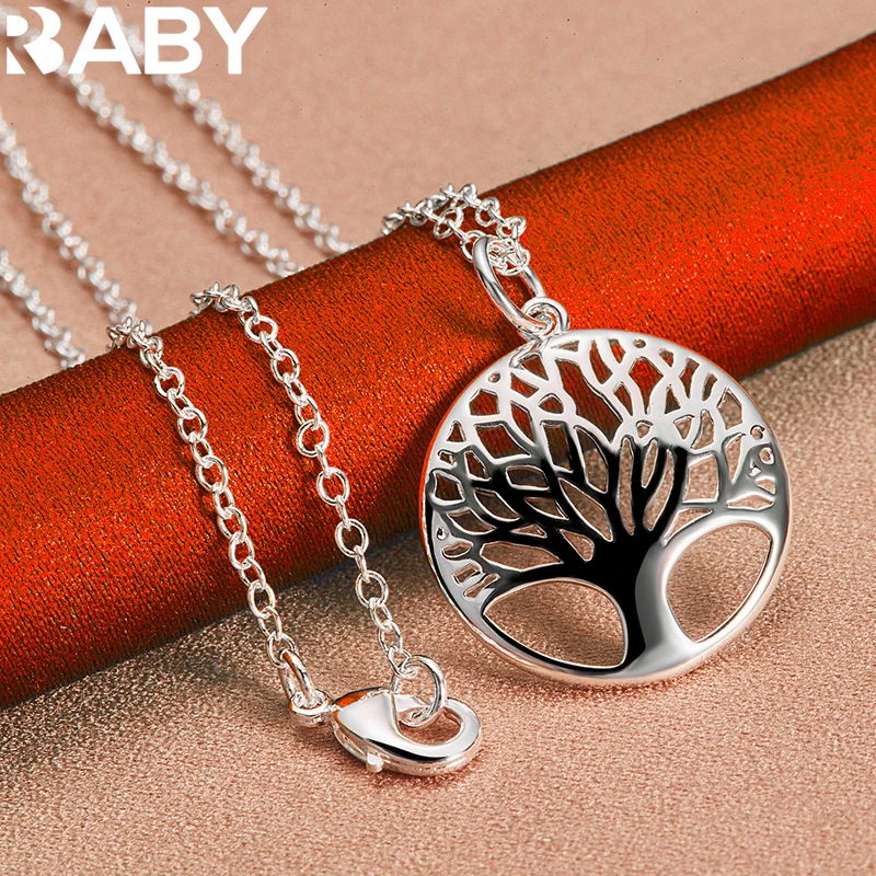 

925 Sterling Silver Tree Pattern Round Pendant Necklace For Women Man 18-30 Inch Chain Fashion Jewelry Elegant Accessories