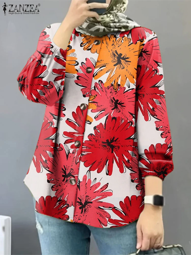 ZANZEA, camisas elegantes de manga larga con estampado Floral para primavera, blusa para mujer, ropa islámica, Tops musulmanes informales, Blusas bohemias para mujer