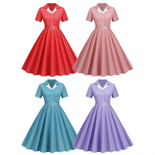 Imagen 2 del producto Vestido de fiesta Retro Vintage de los años 50 y 60, cinturón con estampado de lunares, bata Hepburn de manga corta, vestidos con botones Rockabilly Pin Up