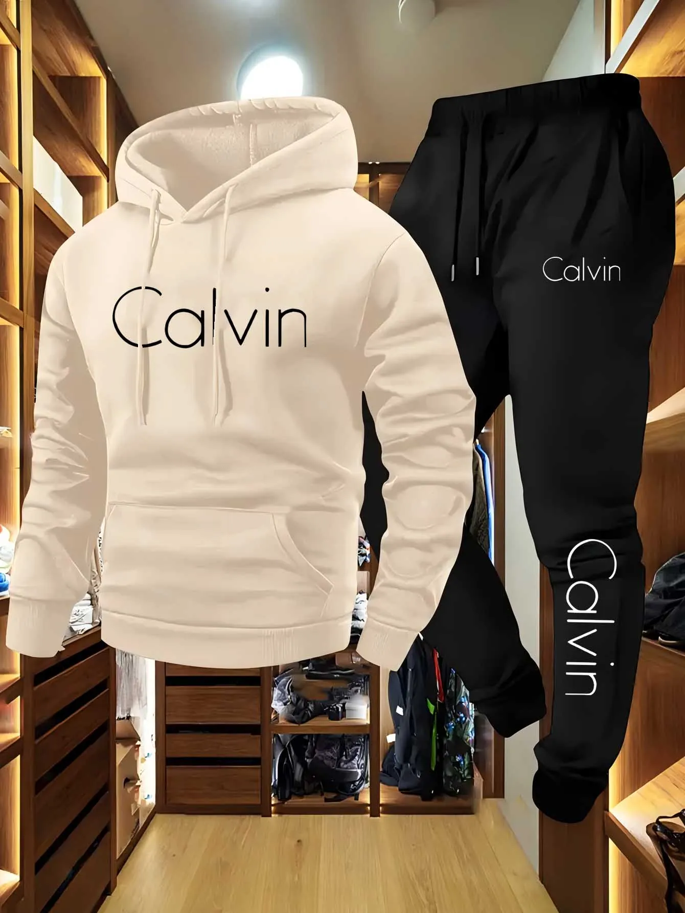 طقم ملابس رياضية شتوية للياقة البدنية والشارع مكون من قطعتين للرجال - سترة بغطاء للرأس بشعار أيقونة كبيرة الحجم وسراويل للركض، ملابس رياضية عالية الجودة