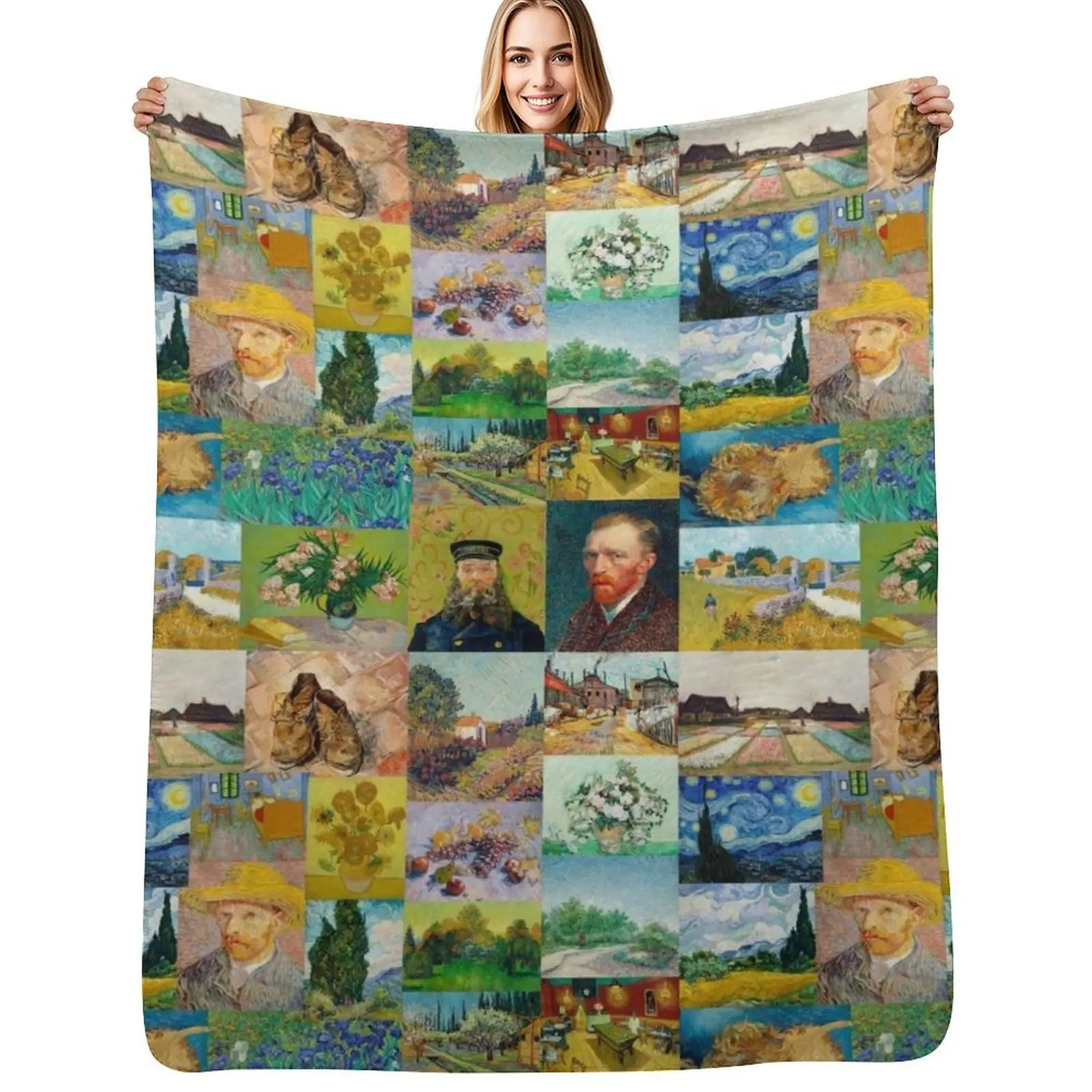 Van Gogh Collage Throw Blanket Hairy Quilt Multi-Purpose Shaggy manga Warm Blankets
