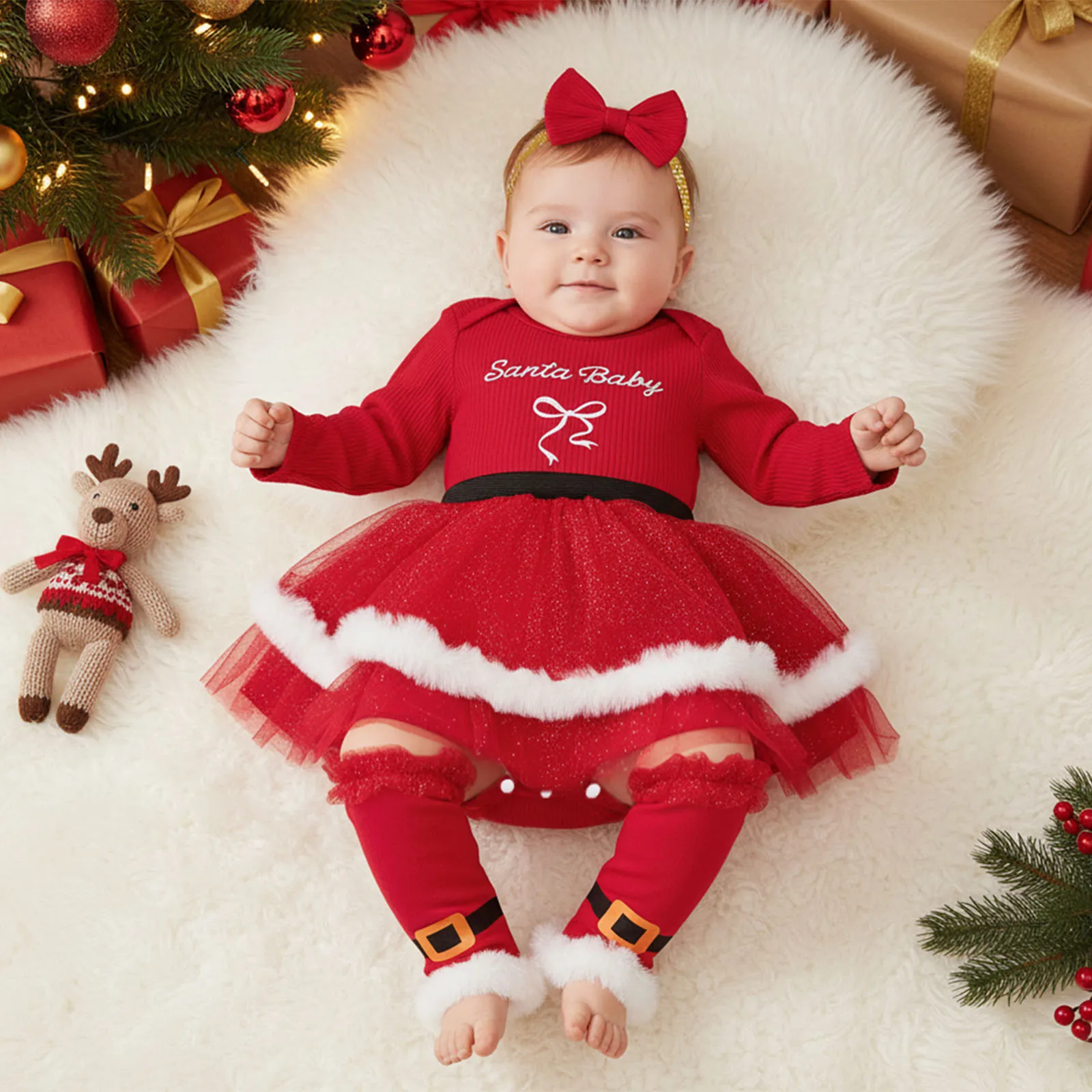 

Baby Clothing Girl Christmas Outfit Letter Embroidery Long Sleeve Romper Tulle Skirt Leg Warmers Bow Headband Set