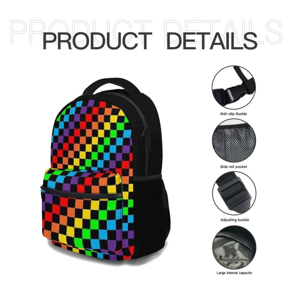 New Fashionable  Rainbow Checkers Backpack Bag Large Capacity Trendy Book Bag Multi-pockets Adjustable 17inch