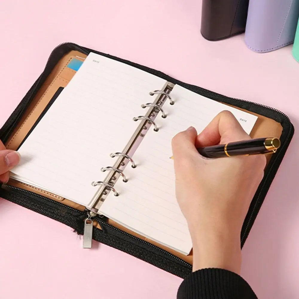 Memo Book 6-Ring File Folder A6 PU Leather Work Record Book Card Holder with Calculator Loose Leaf Notebook Office Supplies