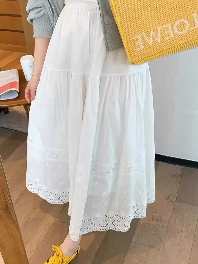 

Новая осенняя хлопковая повседневная юбка, женская элегантная модная кружевная юбка миди с вышивкой и высокой талией, юбки трапециевидной формы Jupe