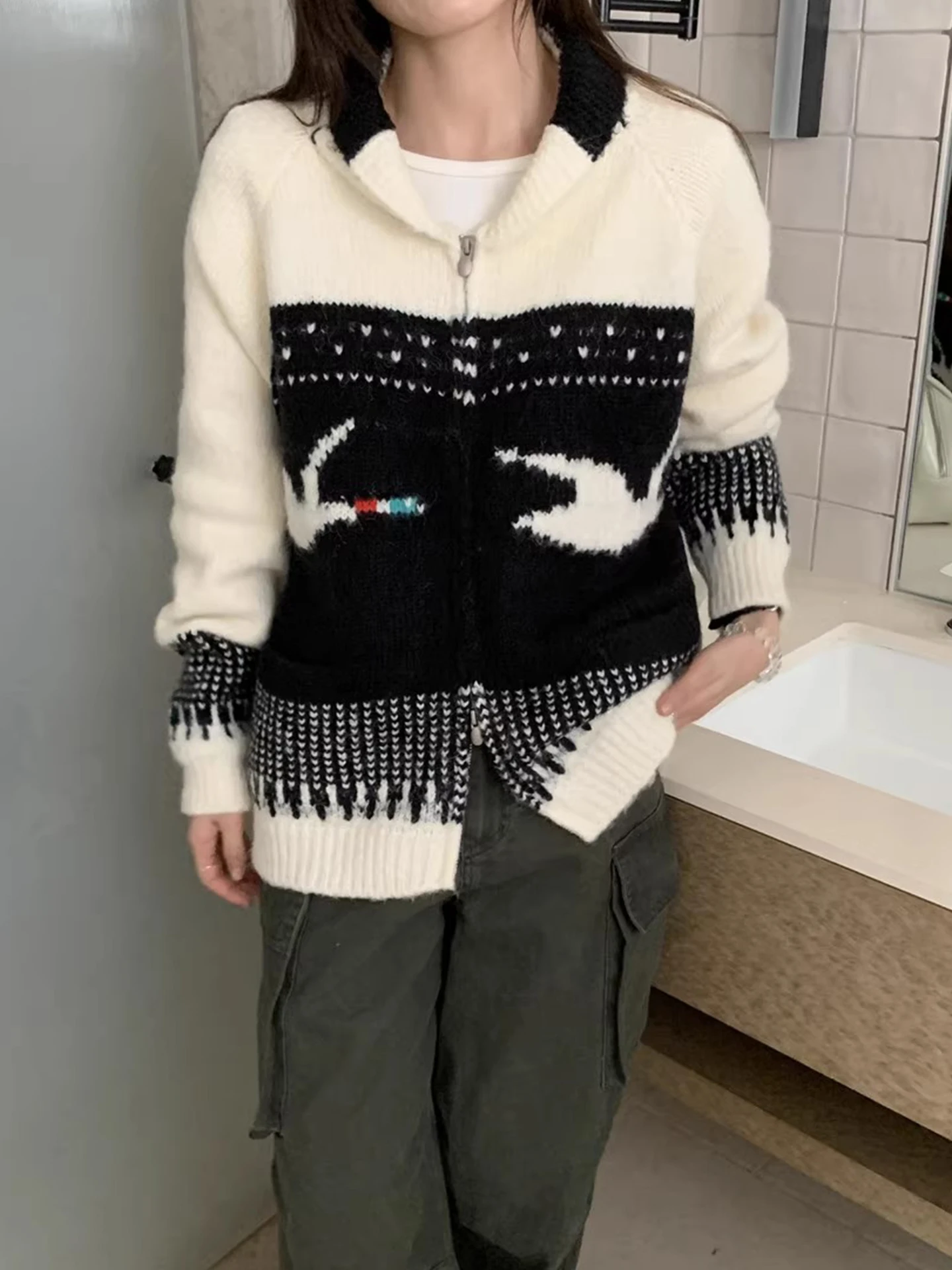 Ele Swan 刺繍ニットセーターコート レディース ダブルジッパー オープンカーディガン 冬新作 スレ 快適 ルーズフィット ロングスリーブ...