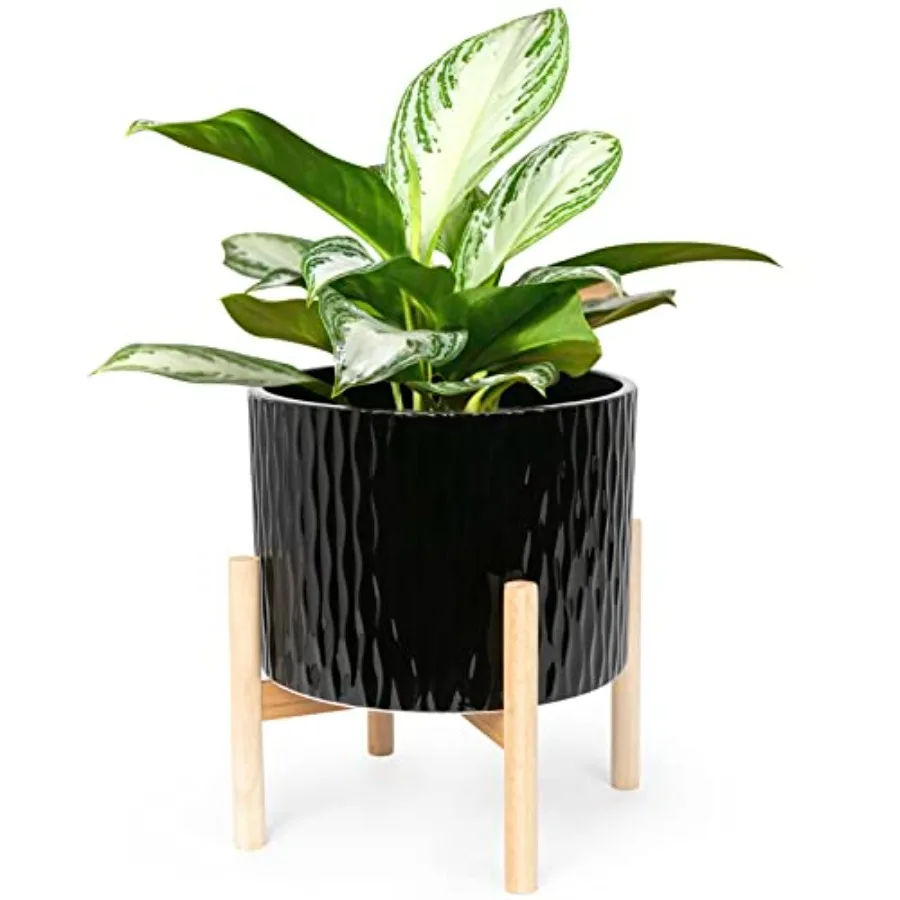 

Ceramic Plant Pot with Stand, 10 Inch Planter with Wood Shelf, Modern Round Flower Pots Indoor with Wood Planter Holder, Water