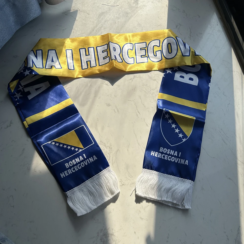 Bosnia and Herzegovina Scarf 14x135cm Double Printed Satin Bosnia and Herzegovina Flag Scarf for Football Cup, Sports, Events