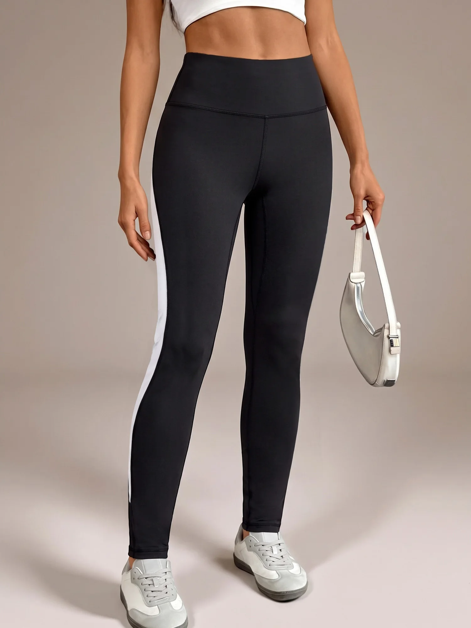 Spicy Women Casual Leggings High Waist Tummy Control White Side Splicing Soft Stretch Daily Streetwear Pants