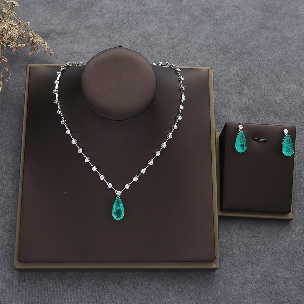 Luxury Multicolor Water Drop Stackable Necklace Earring Set Full Cubic Zircon Fashion Charm Women Party Jewelry Gift N0527