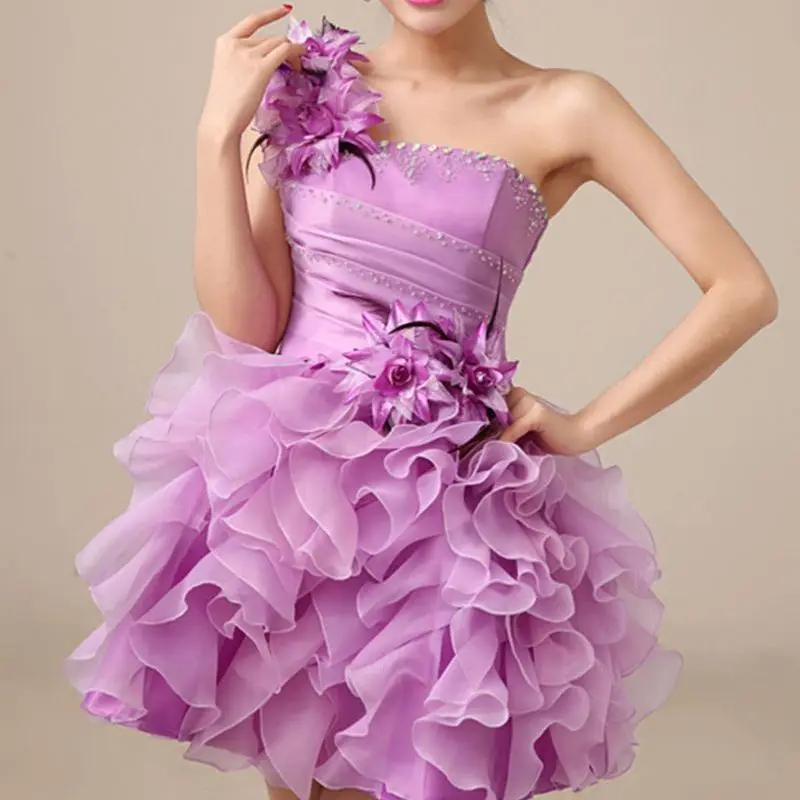 

U1036 Princess Purple Bridesmaid Dress Girl Lace Up Short Ball Gowns Women One Shoulder Prom Graduation Dresses With Flowers