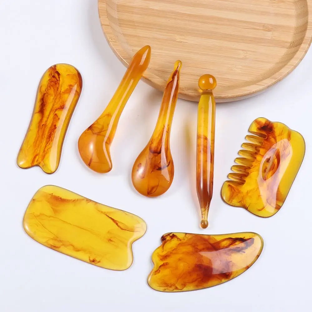 7 ชิ้น/เซ็ต Body Spa Multi-รูปร่างผสม Health Care Facial ผ่อนคลายเรซิ่นธรรมชาติ Gua Sha BOARD เครื่องมือนวดหน้า