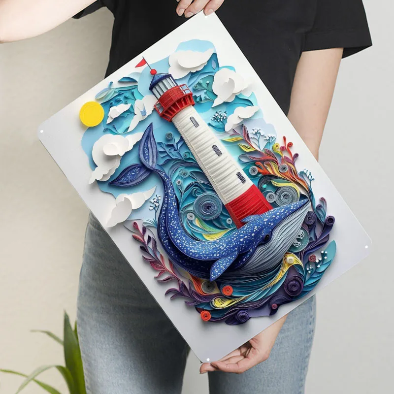 ورق الحوت والمنارة علامة مجردة ملصق فني ديكورات الغرفة علامات القصدير المعدنية المخصصة للجدار الفن الديكور الرجعية