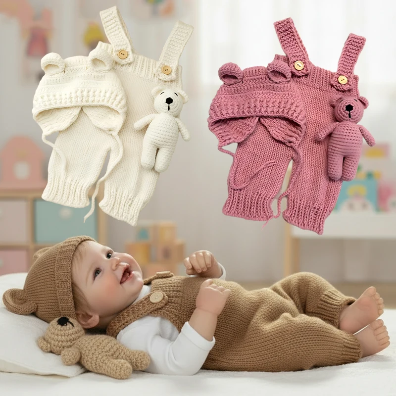 3 unids/set de ropa de fotografía de oso bonito para recién nacido, pelele tejido a mano, pantalones, sombrero, accesorios de decoración para muñecas, trajes para sesión de fotos de bebé