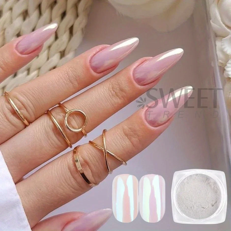 7 قطعة أورورا اللؤلؤ الأبيض مسمار الفن بريق مسحوق قزحي الألوان حورية البحر فرك الغبار الجنية الكروم الصباغ سحر فلاش مانيكير ديكور