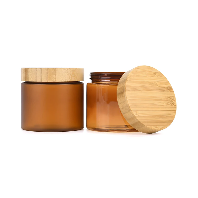 Groothandel 5Oz 8Oz 16Oz Natuurlijke Mat Amber Doorzichtig Huisdier Plastic Body Boter Cosmetische Crème Pot Met Bamboe Deksel 50G 150G 250G 500G