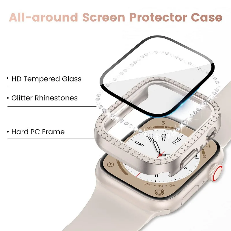 Glitter Diamond Screen Protector For Apple Watch Series 9 8 7 6 5 4 3 SE With Tempered Glass Case IWatch 45/41mm 40/44mm 42/38mm