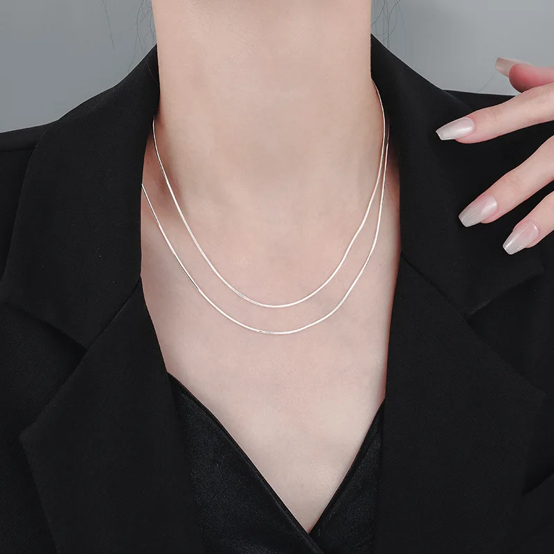 PANJBJ 925 Sterling Silver Snake Bone Chain Necklace for Woment Double Layer Minimalism Extremely Fine Jewelry Gift Dropshipping