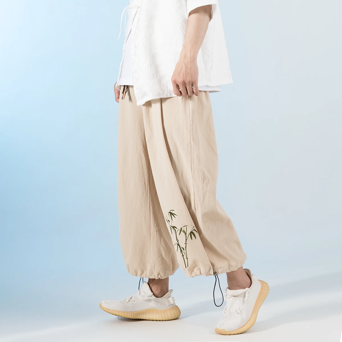 Chinese Style Thin Bamboo Leaf Embroidery Wide-Leg Pants Men Clothing Summer Vintage Tai Chi Kung Fu Joggers Casual Ninth Pants