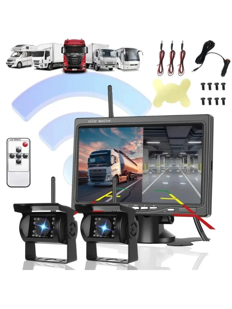 Bezprzewodowy system kamer cofania z dwiema kamerami, 7-calowym monitorem 1080P, wodoodporną cyfrową kamerą cofania HD z funkcją nocnego widzenia do samochodów ciężarowych, furgonetek, SUV-ów i — 2