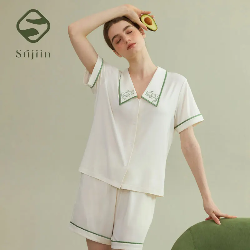 SUJIIN Sleepwear for Women Pajama Set Short Sleeve Summer Thin Loungewear Sets Modal Cool Pjs Embroidery Pijamas De Mujer SH004