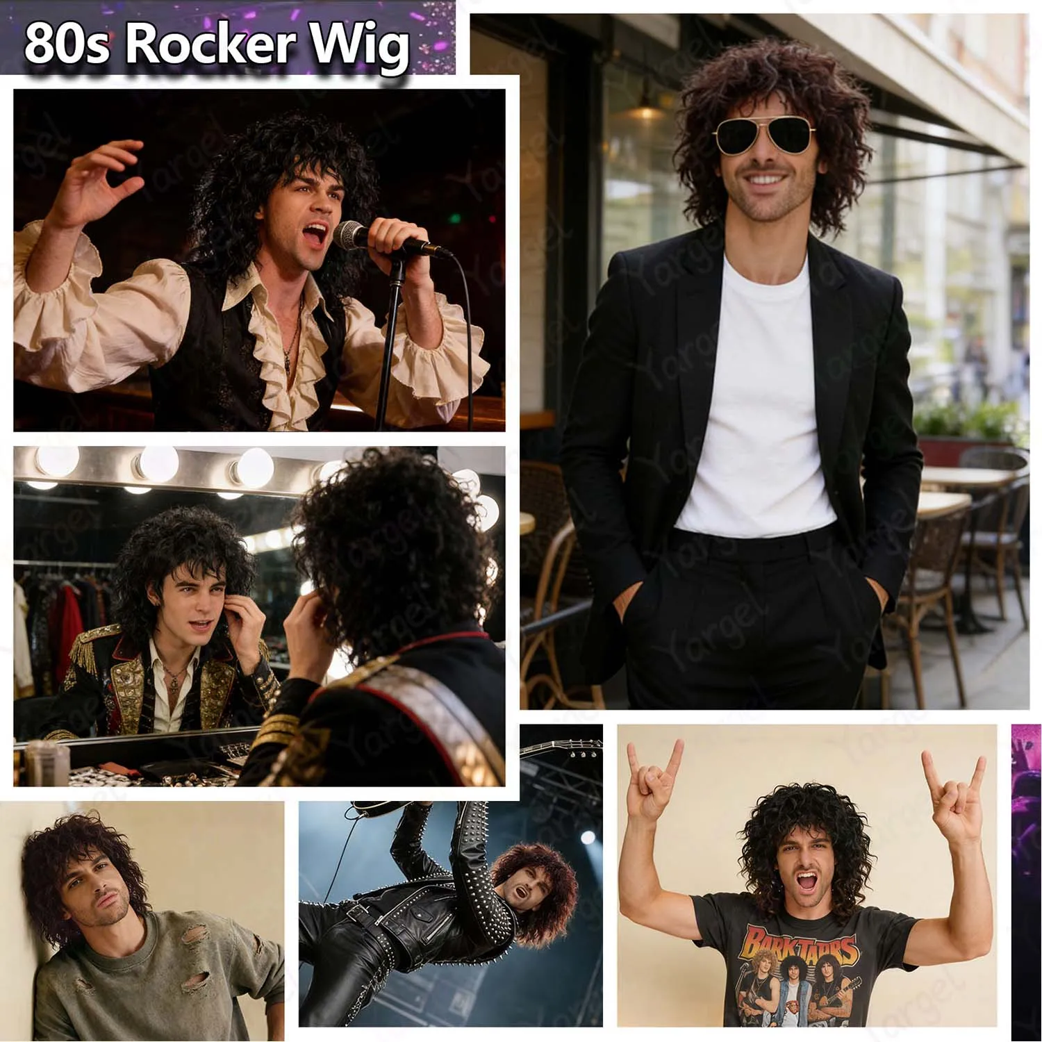 Synthetic 70s 80s Rocker Wigs for Men Short Curly Black|Brown Wig Mullet Party Funny Crazy Wig Anime Wig for Cosplay Daily Wear