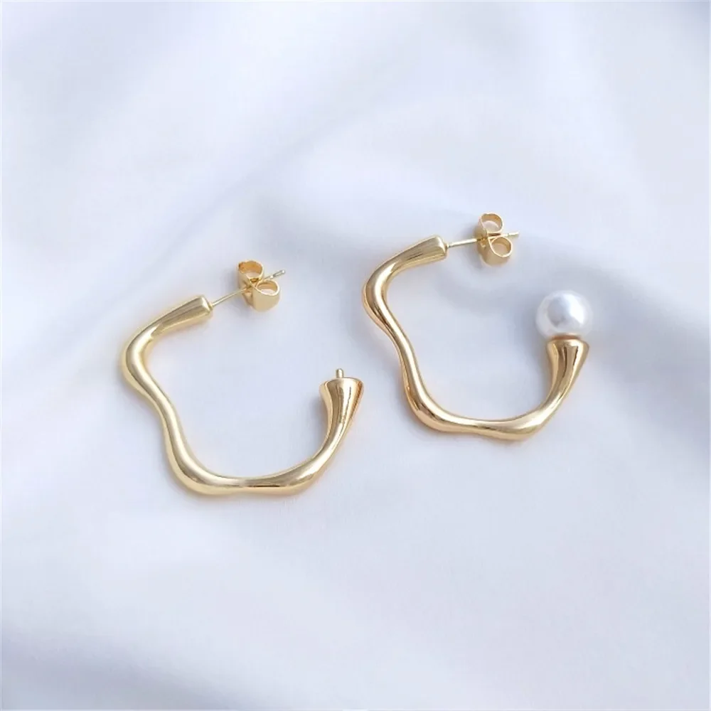 

925 silver needle ear stud 14K gold color French chic abstract curve earrings handmade diy half hole pearl holder