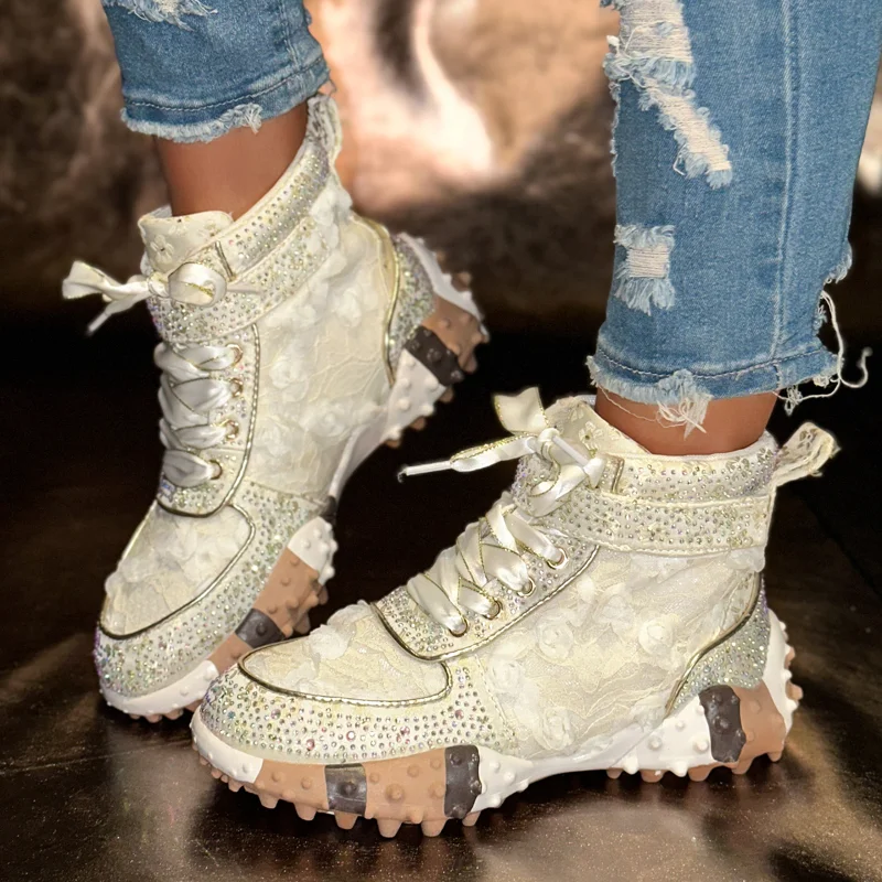 

Summer Casual Luxury Sneakers Designer Boots Rhinestone Diamond High-Top Thick Bottom Shoes Female Tennis Outdoors Walking Shoes