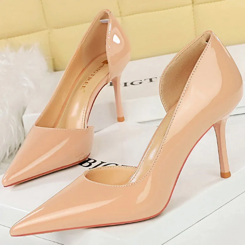 Size 34-43 Women 8cm Thin High Heels Pumps Lady Shallow Pointed Toe Mid Heels Side Hollow Patent Leather Nude Burgundy Red Shoes