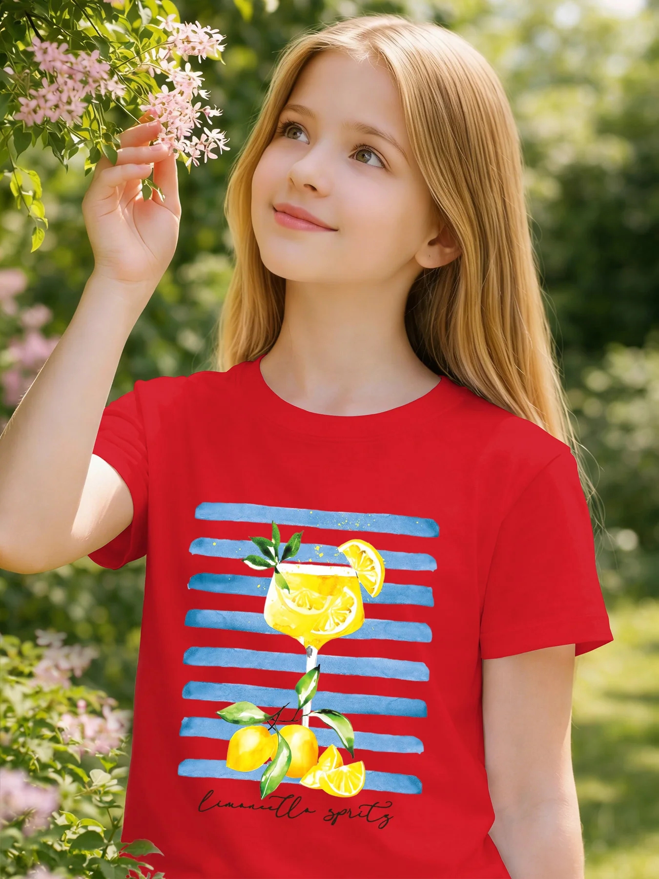 Lemon Cocktail Stripe Watercolor Print Boys Girls T Shirt Summer Fresh Kids Tee Parent Child Matching Casual Daily Family Tops