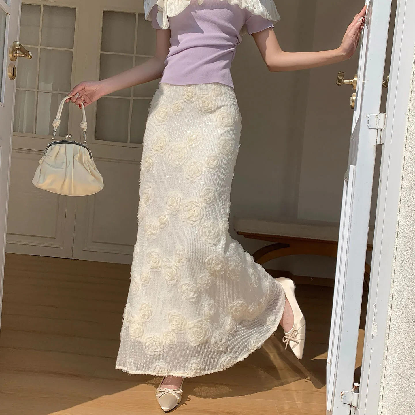 

Romantic Chiffon Halter Neck Long Dress Women's High Waist Slim A-Line Casual Fish Tail Skirt Sparkling Sequin Floral Embroidery