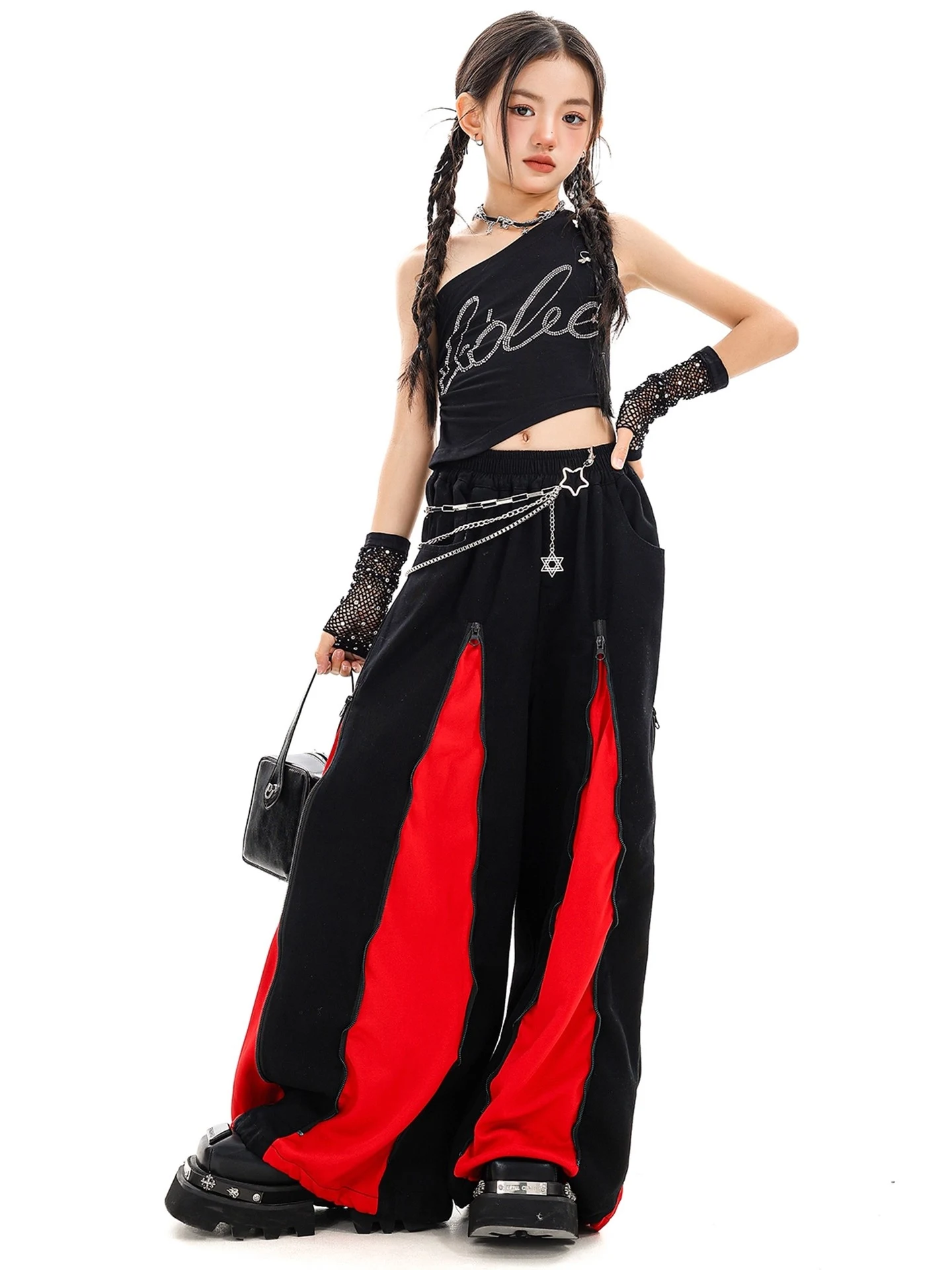 Dziecięcy strój hip-hopowy dla dziewczynek na rok 2025, bluzki z odkrytym pępkiem, luźne spodnie, czarny strój do występów, ubrania do tańca jazzowego Kpop, strój sceniczny Y2K BL16527