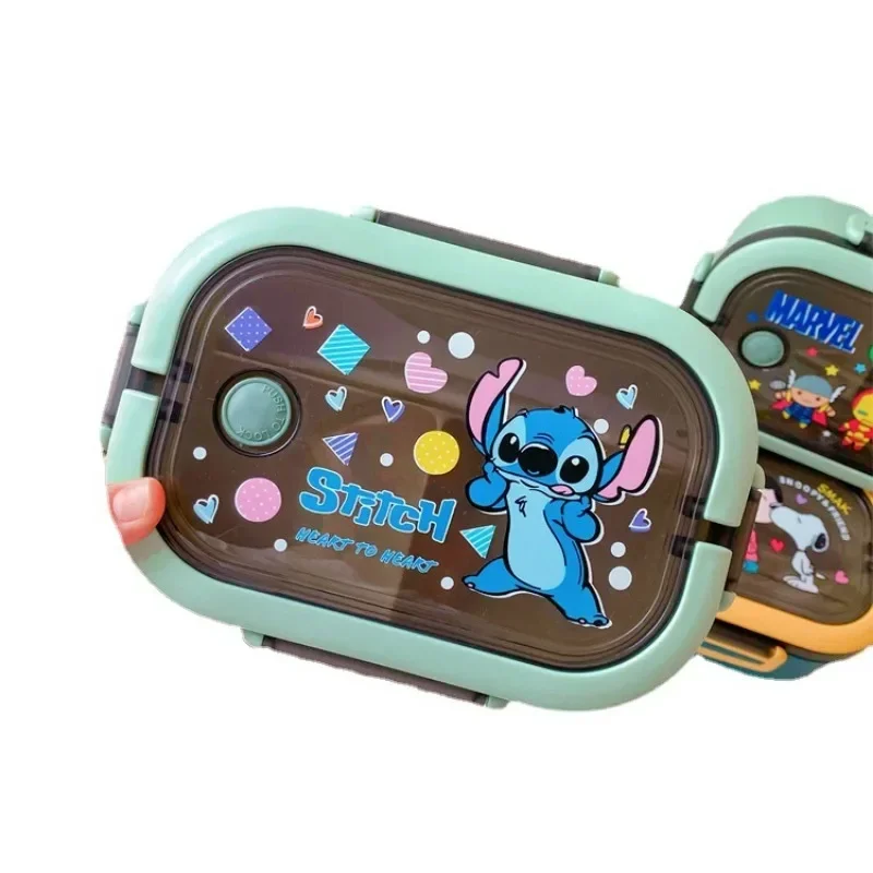 Fiambrera Disney Stitch con estampado de dibujos animados para microondas, almacenamiento de almuerzo portátil, cuchara para verduras, tenedor, caja Bento sellada para conservación de alimentos