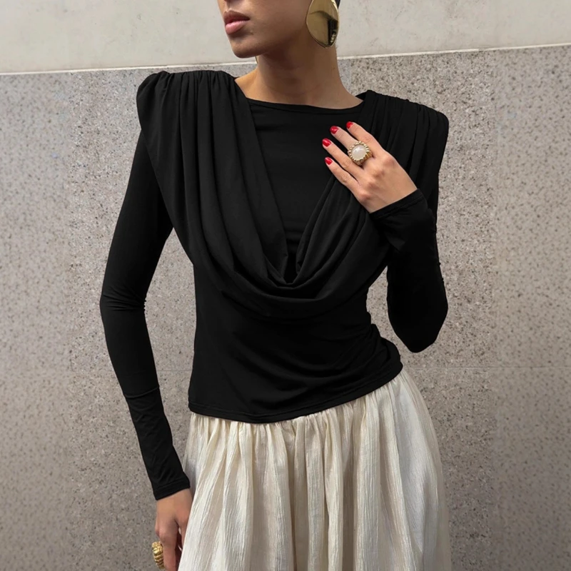 Spring Autumn Elegant Draped Cowl Neck Women Long Sleeve Top Soft Knit Slim Fit Basic T-shirt Daily Party Casual Wear pullover