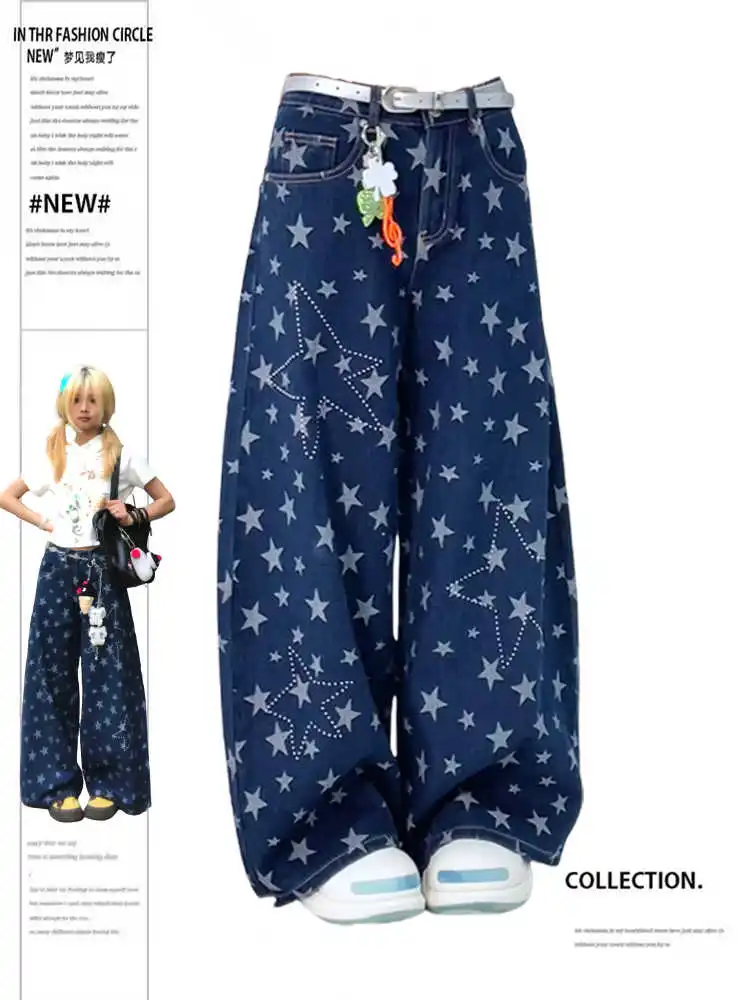 

2025 Autumn Winter Women's Denim Pants Blue Y2K Star Jean Harajuku American Vintage Cowboy Japanese Wide Fit Baggy Jeans New In