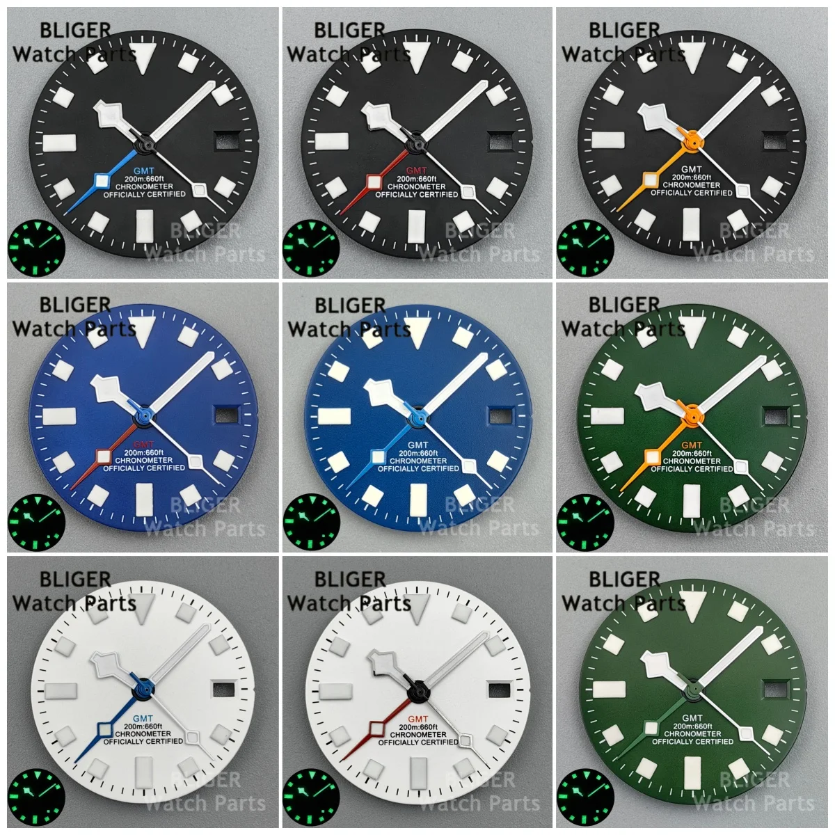 BLIGER NH34 Watch Dial SnowFlake Hand Set 29MM Luminous GMT Face Fit NH34 Automatic Movement Replacement Watch Parts Date Window