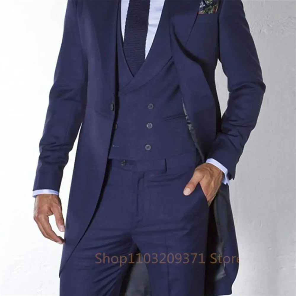 Navy Blue Long Tail Coat 3 Piece Gentleman Man Suits Male Fashion Groom Tuxedo for Wedding Prom Jacket Waistcoat with Pants