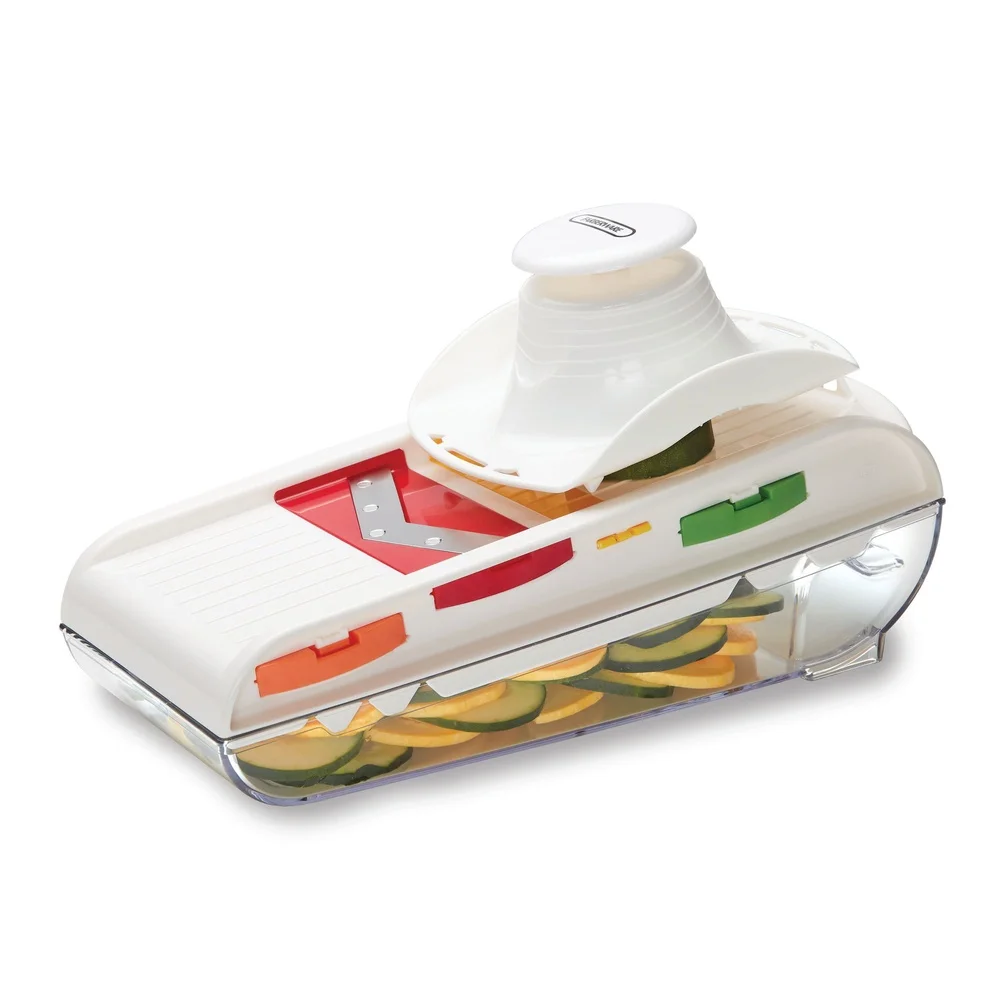 Rebanador de mandolina profesional con 4 cuchillas afiladas, rejilla para cortar juliana y recoger alimentos, diseño ergonómico, seguro, fácil de usar