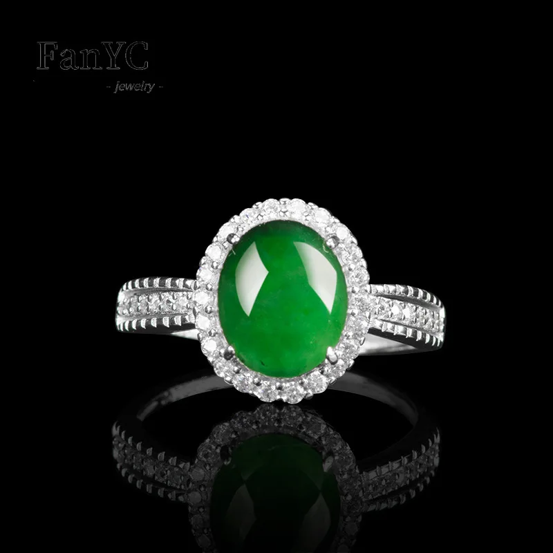 S925 Silver Inlaid Myanmar A-goods Jadeite Egg Surface Ring Simple and Exquisite Ice Jade Adjustable Finger Ring Ladies Gift