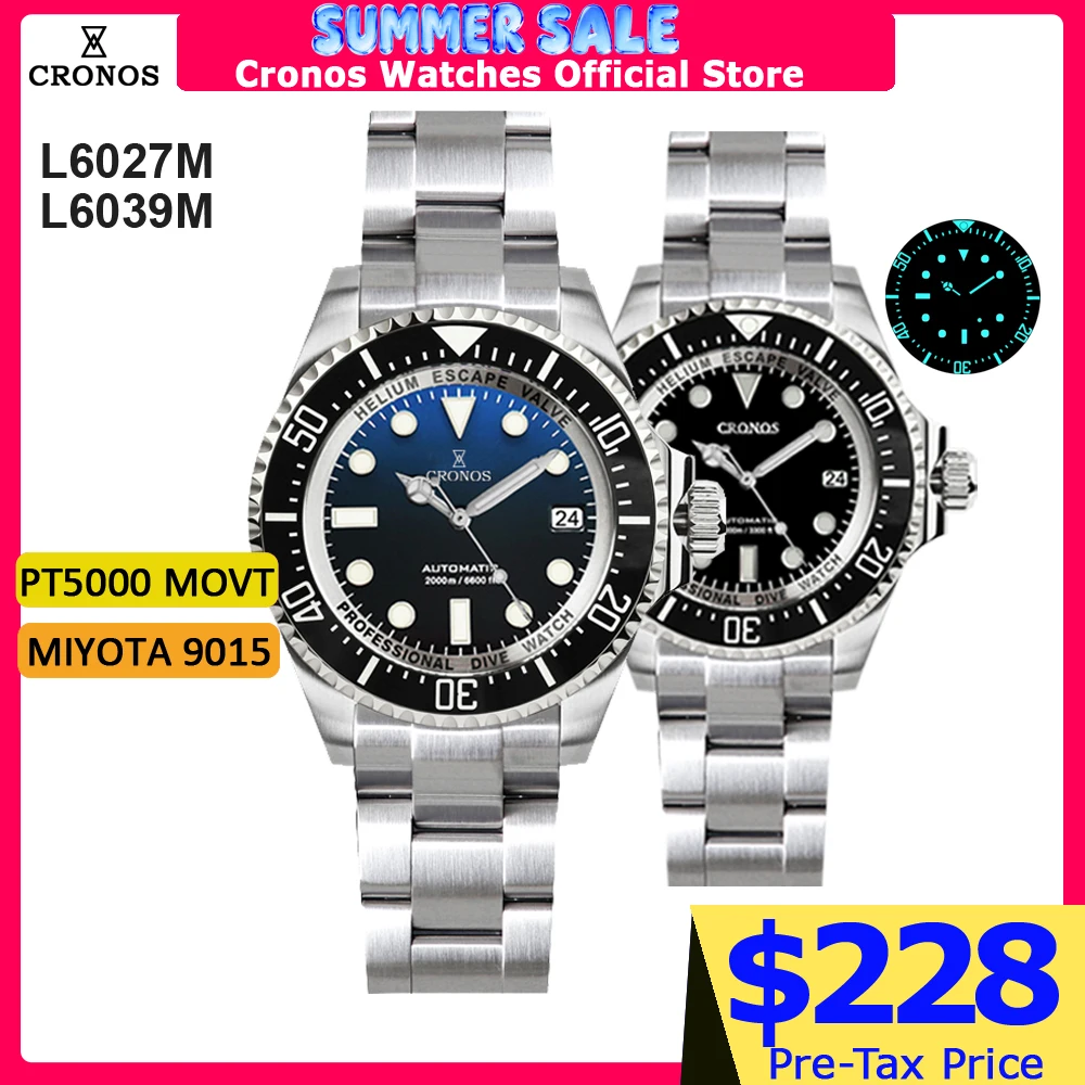 

Cronos Automatic Diving Watch Stainless Steel 2000 Meters Water Resistance Professional Diver PT5000 SW200 L6027M