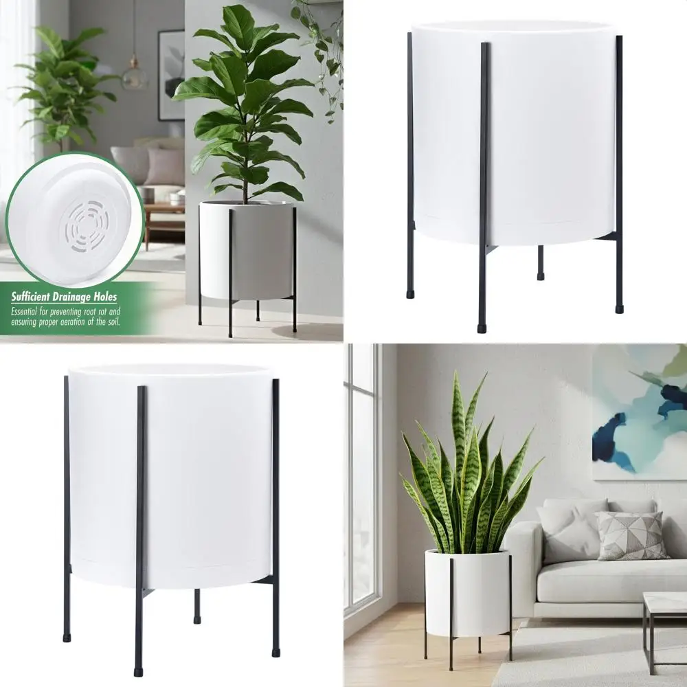 

14-дюймовый белый пластиковый горшок для цветов с металлической подставкой для современных комнатных растений