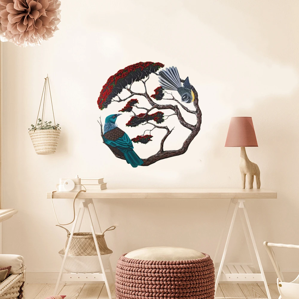 Beautiful Tui & Fantail in Pohutukawa Bird Tree Wall Sticker  A Stunning Circle of A New Zealand Summertime Wall Decal Bedroom