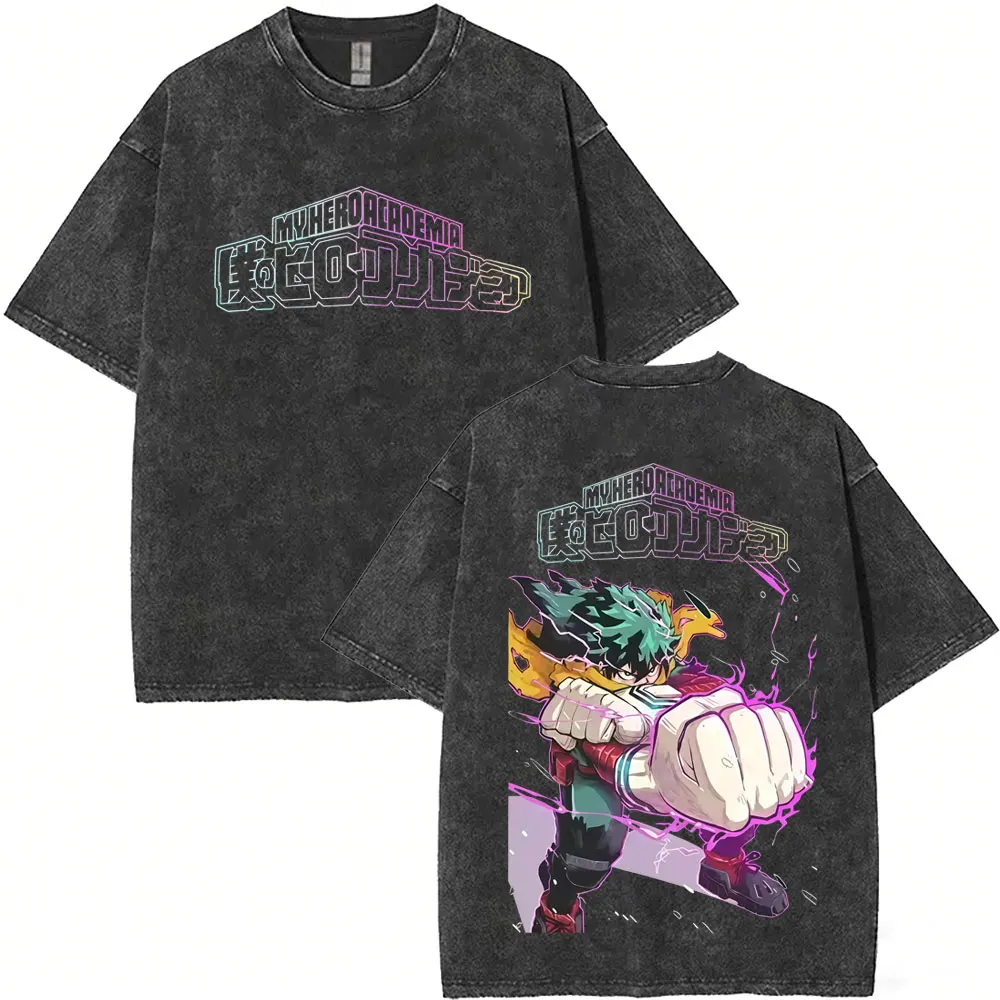

Anime My Hero Academia Midoriya Izuku Vintage Washed T-shirt Men Women Cartoon Harajuku T-shirts Men's Retro Oversized T Shirts