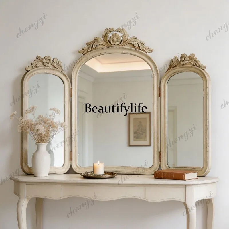 Vintage carved three-sided makeup tabletop foldable dressing mirror, French vintage style bedroom decorative mirror