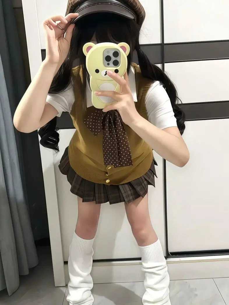 

Original Japanese Style College Uniform Knitted Sweater Vest Shirt Caramel Striped Skirt Set Fashionable Three-Piece Outfit